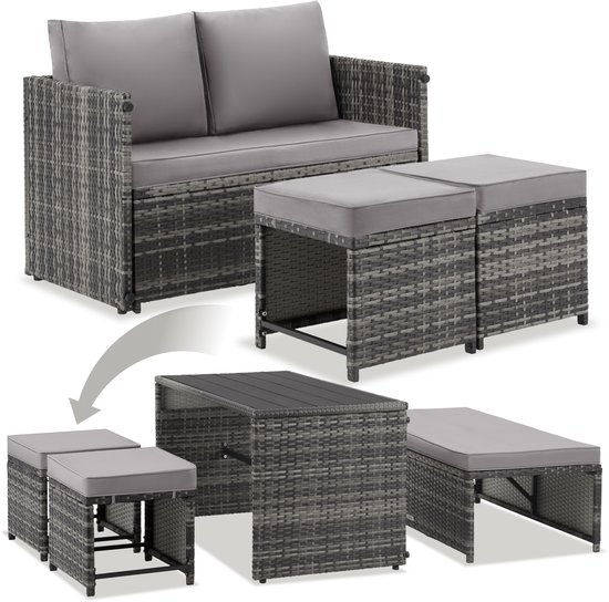 tectake® 2-in-1 Wicker Loungeset - Modulaire Tuinset - Te gebruiken als Tuinbank en Voetenbankjes - Tuintafel - Zitgroep voor 2 of 4 Personen - 110 x 60 cm - Tuinmeubelen - Voor Tuin, Balkon en Terras - Inclusief Kussens - Grijs