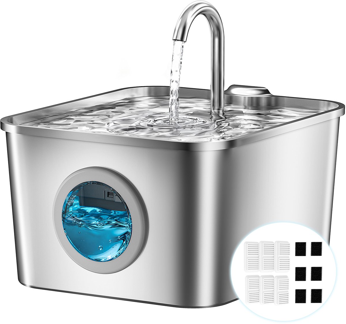 BalimoPet - Drinkfontein Hond en Kat - Geruisloos - 2.6 L - Drinkfontein katten RVS - Waterfontein Huisdieren - incl 6 Filters en cleaning tool - Fluisterstil