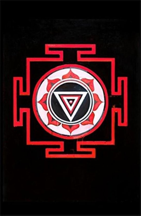 Een rode en witte yantra met een geometrisch patroon op een zwarte achtergrond.