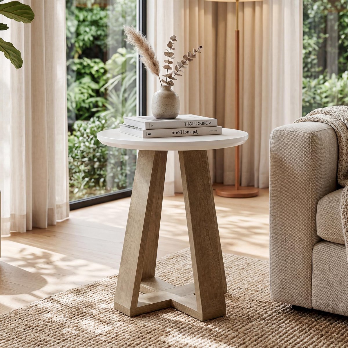 LITTLE TREE Ronde Houten Zijtafel Modern - 50x50x60 cm - Wit en Bruin - Eenvoudig monteren