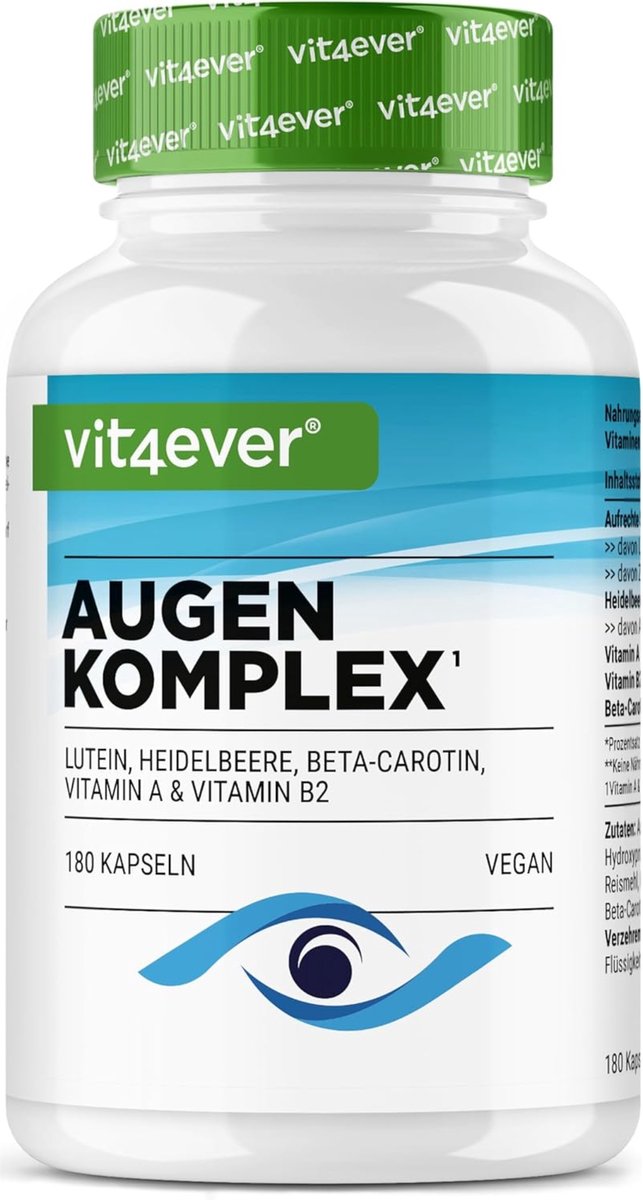 Vitamine complex voor de ogen - 180 capsules voor 6 maanden - met luteïne, zeaxanthine, bosbessenextract, bèta-caroteen, vitamine A en vitamine B2 - veganistisch, hoog gedoseerd, zonder onnodige toevoegingen -