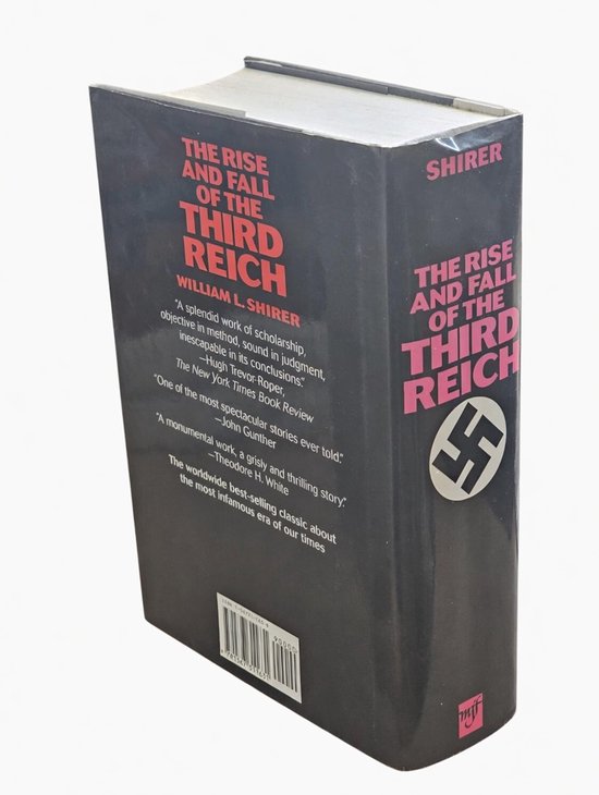 Zij-aanzicht van het boek 'The Rise and Fall of the Third Reich' met citaten van recensies.