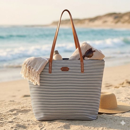 Strandtas Dames XL – Grote Navy Shopper – Blauw Gestreepte Strandtas – The Skandinavian Brand