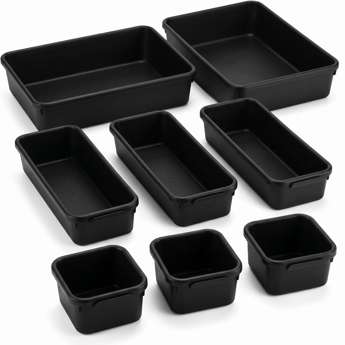 Cheqo® Lade Organizer Set van 8 - Opbergbakjes - Lade Verdeler - Lade Bakjes - Make Up Organizer - Keuken - Bureau - Badkamer - Stapelbaar - Ladeverdeler - Organizer Bakjes - Zwart - Keukenlade - Bestek Organizer - Opbergsysteem - Lade Indeling
