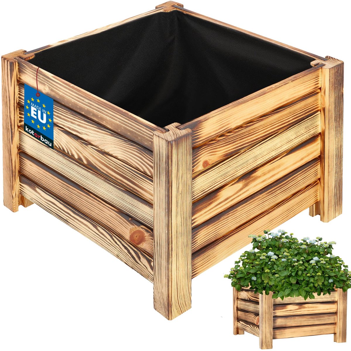 KOTARBAU® Houten Plantenbak, Kiefernhout, 38 x 38 x 30 cm, Rustiek, Houten Bloembak, Plantenbak voor Buiten, met Vlies, voor Tuin, Terras, Balkon