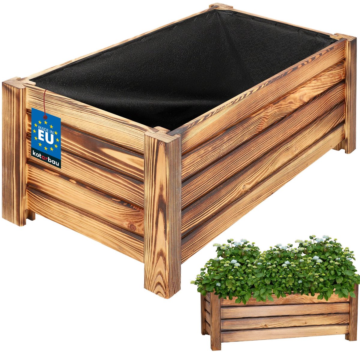 KOTARBAU® Houten Plantenbak, Kiefernhout, 60 x 33 x 25 cm, Rustiek, Houten Bloembak, Plantenbak voor Buiten, met Vlies, voor Tuin, Terras, Balkon
