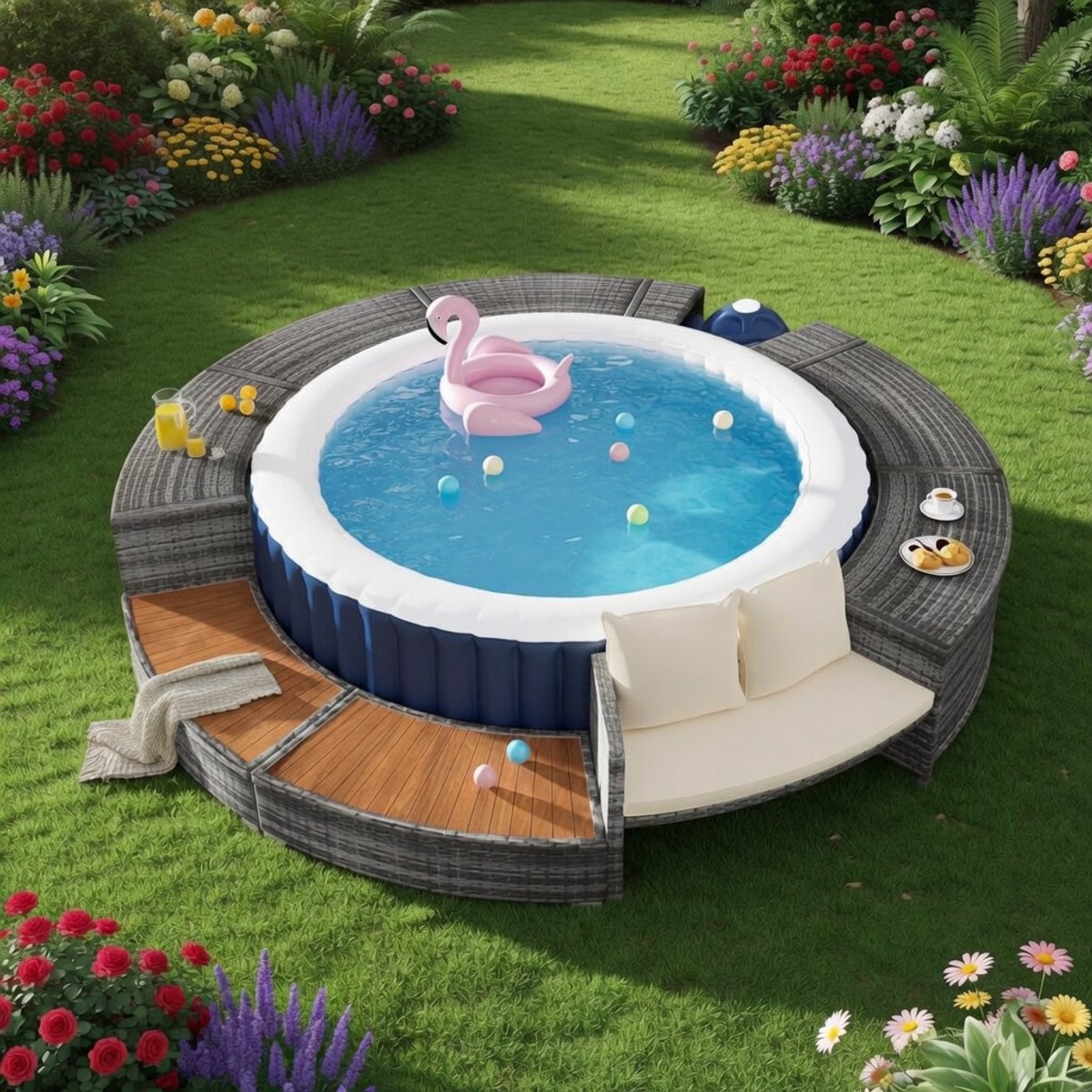 Pool Edge, Spa Pool, Garden Furniture Set, PE Grey Rattan and Acacia Wood, with Storage Space, Lounge Set with Adjustable Legs, Includes Cushions, for Whirlpool and Pool-Mobili Bella