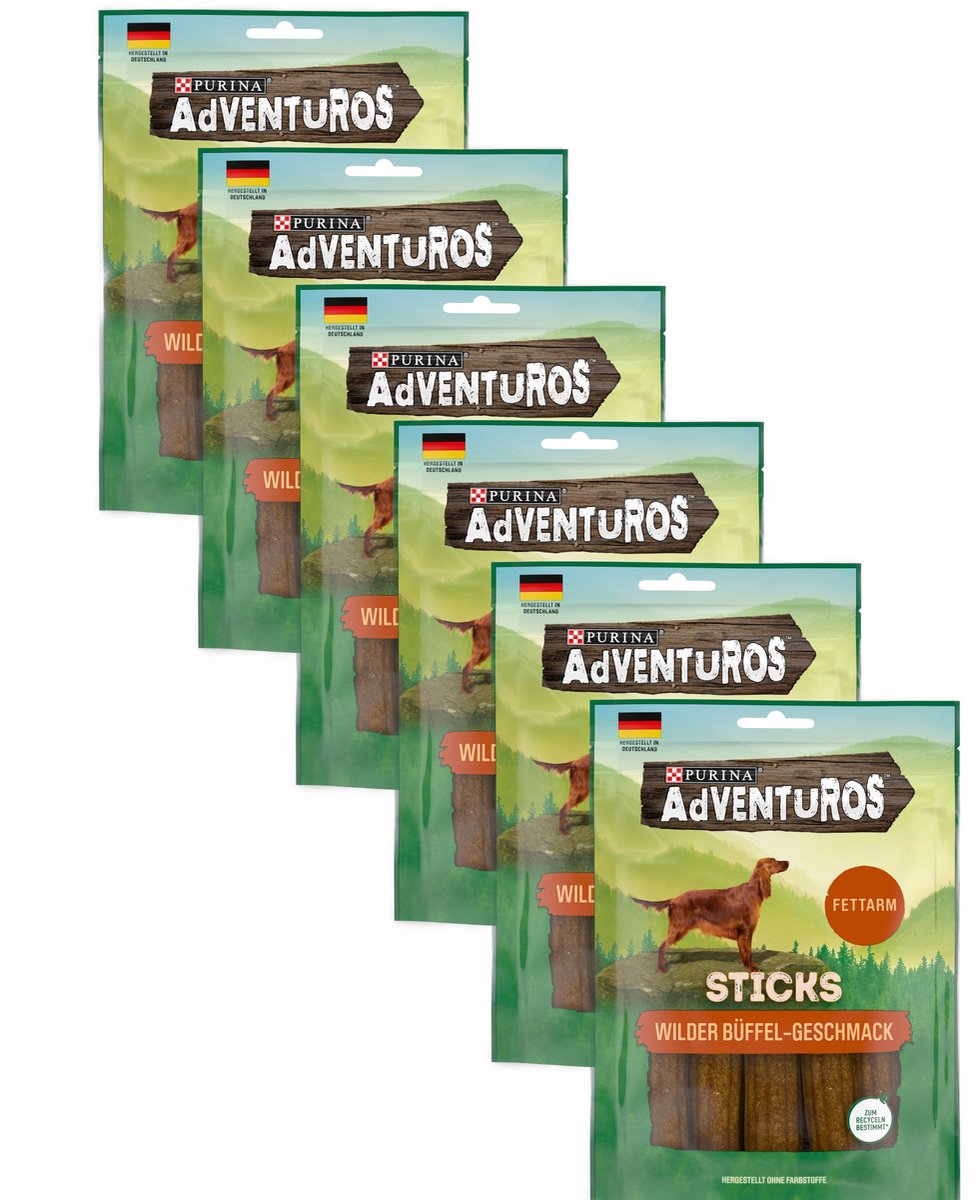 AdVENTuROS Sticks hondenkoekjes, vetarm, met buffelsmaak, 6 x 120 g
