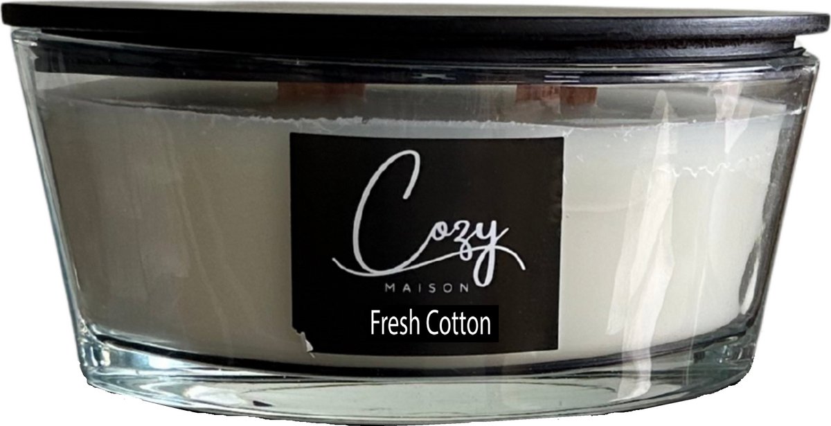 Cozy Maison Ellipse Geurkaars – 2 houten lonten – Fresh Cotton – Geurkaars in glazen pot met deksel