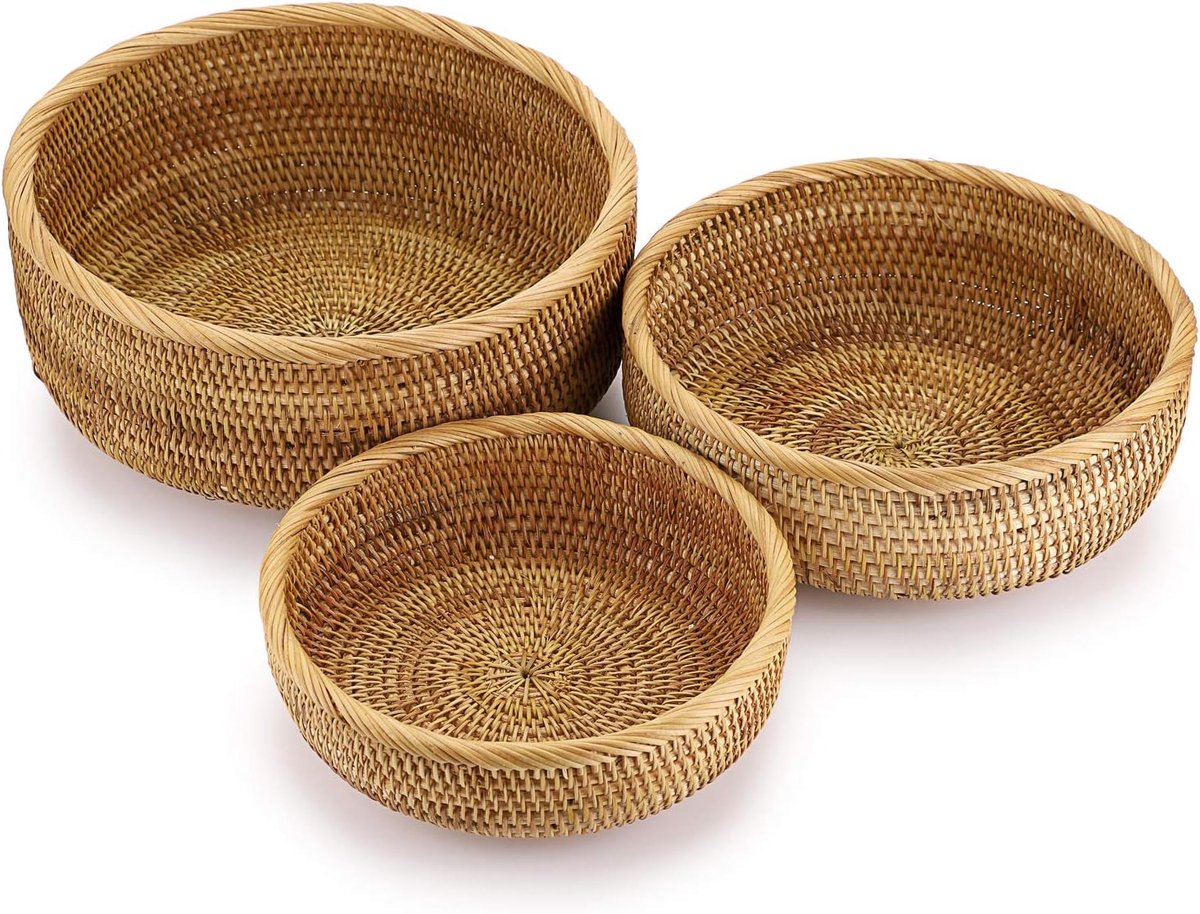 Set van 3 Ronde Rieten Woven Fruitmanden - Brood - Snack - Opslag - Decoratieve Display Baskets