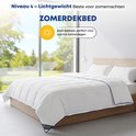 Een bed met een wit zomerdekbed met blauwe bies, in een zonnige tuin.