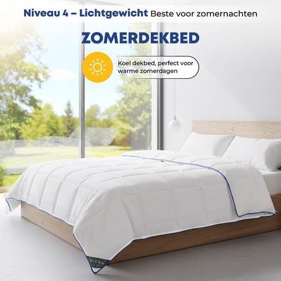 Een bed met een wit zomerdekbed met blauwe bies, in een zonnige tuin.