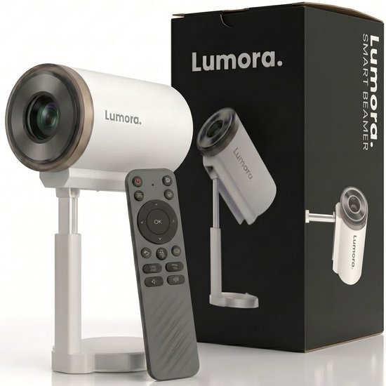 Lumora Pro Mini Beamer 2026 – 4K Ultra HD Smart Projector met Android 13, WiFi 6, Bluetooth, Ingebouwde Speakers, Verstelbare Standaard