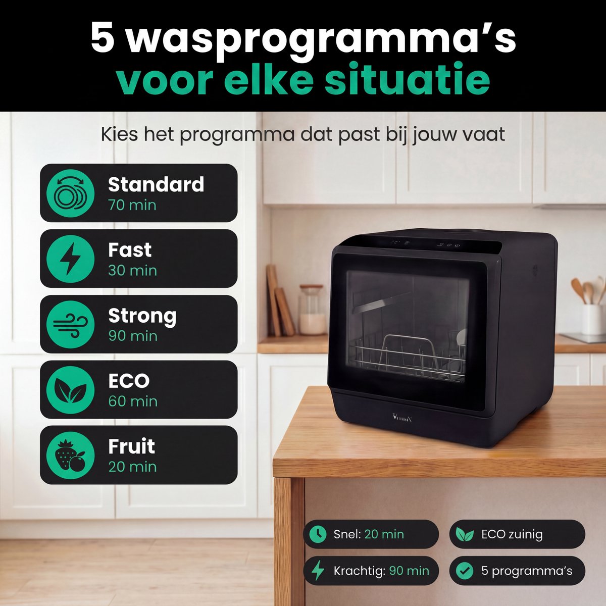 Ventux® Mini Vaatwasser Incl. App – Afwasmachine – 5 Programma’s – 900 Watt – 42,5 x 42,8 x 45,8 cm - Zwart — afbeelding 6