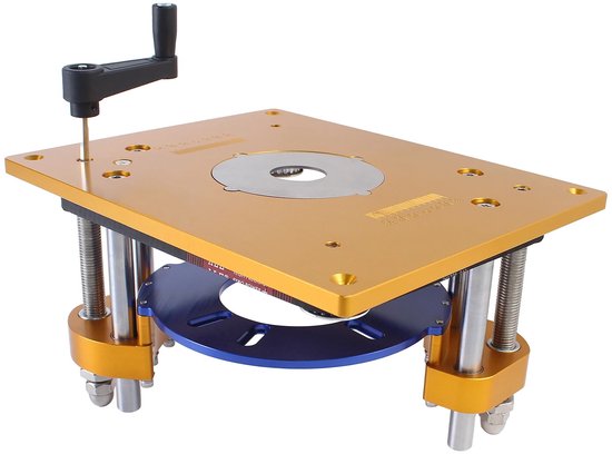 Gouden aluminium router lift tafel met schroefdraad, zwengel en blauwe ring, op witte achtergrond.