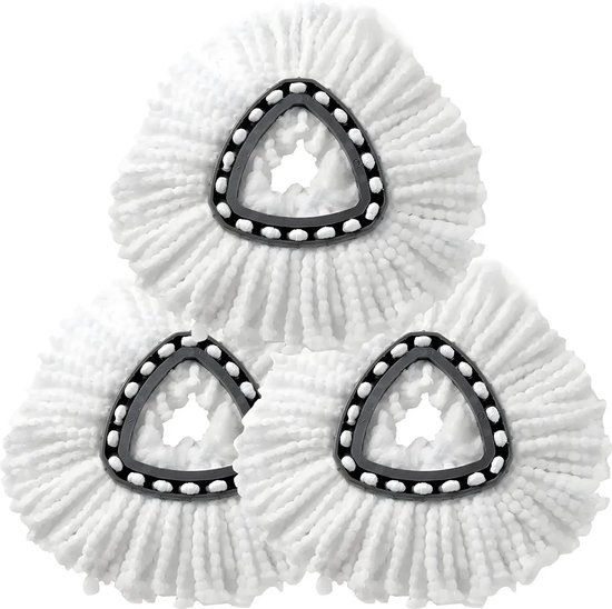 Trois têtes de vadrouille blanches en microfibre avec bordure noire et inserts triangulaires.