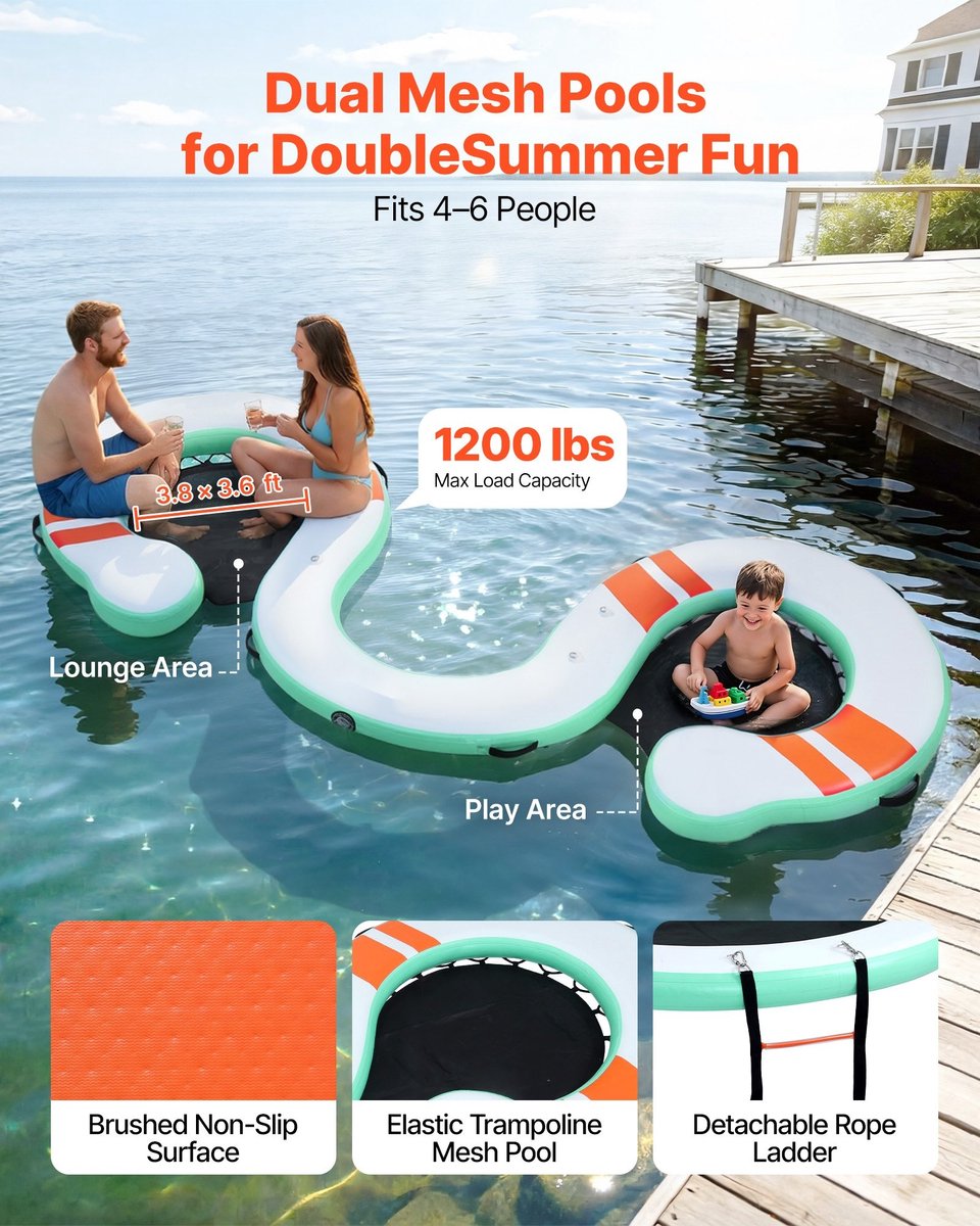 Opblaasbaar drijvend platform - Waterplatform 457 x 183 cm - Antislip oppervlak - Inclusief draagtas - Afneembare ladder - Voor zwembad, strand en zee