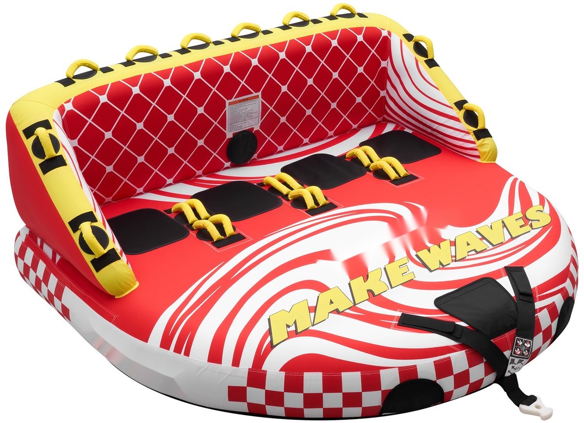 Opblaasbare Funtube Sleepband - Vierpersoons Watersporttube - Draagvermogen 308 kg - Twee Sleepogen - Nylon Hoes - Gewatteerde Handgrepen - Veiligheidsventiel - Rood