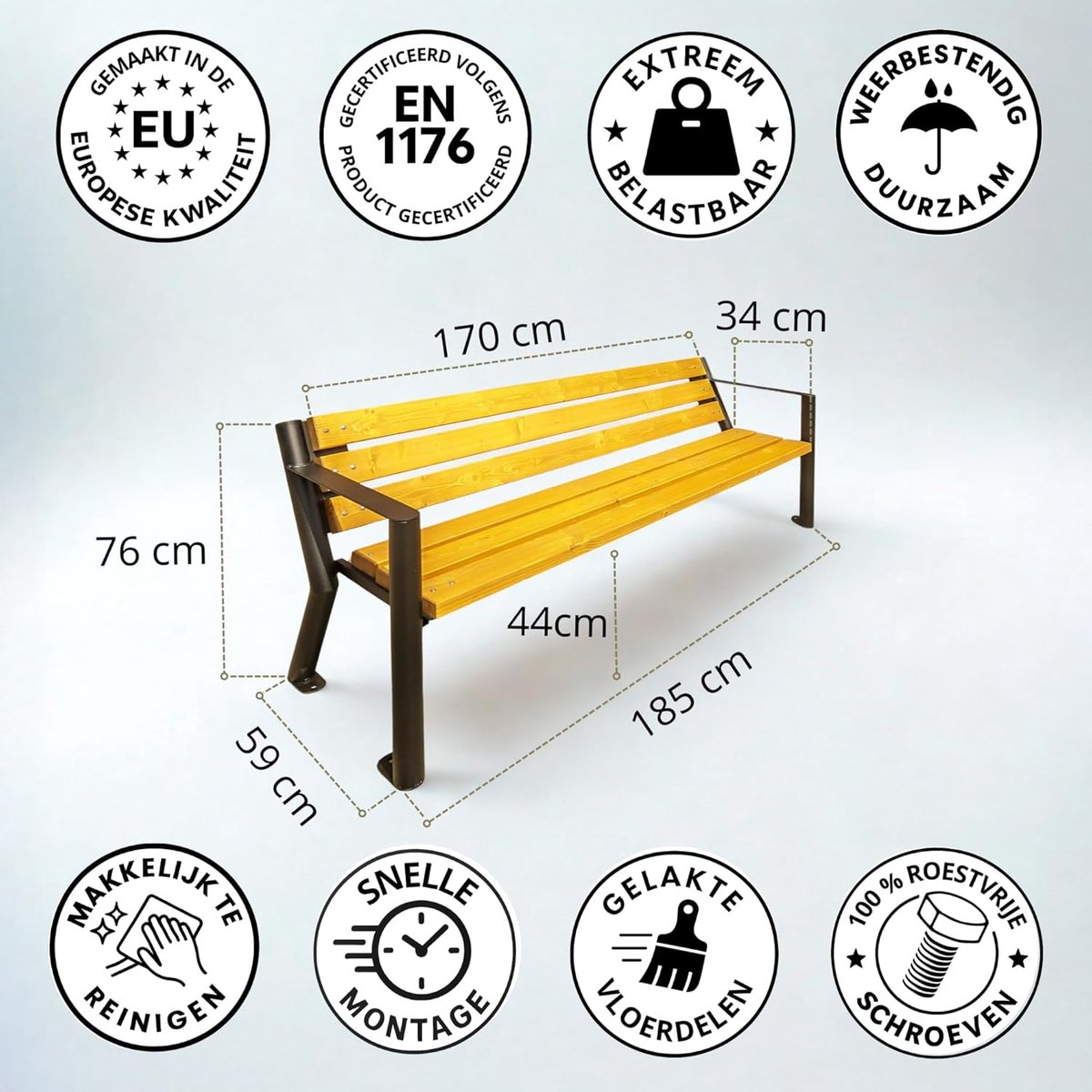 Tuinbank 185x59x76 cm – Robuuste Buitenbank van Hout & Gegalvaniseerd Staal – Weerbestendig 4 Personen Parkbank Terrasbank Teak Design – Mobili Bella