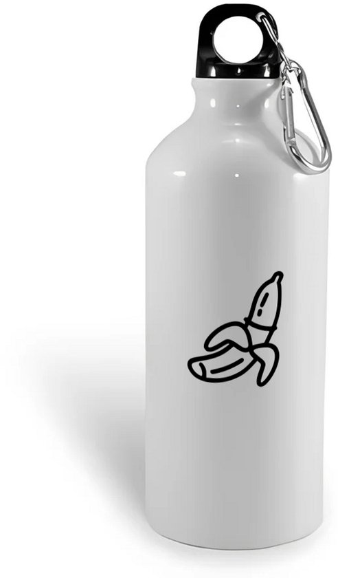 Bouteille d'eau blanche avec imprimé banane noire, mousqueton et bouchon.