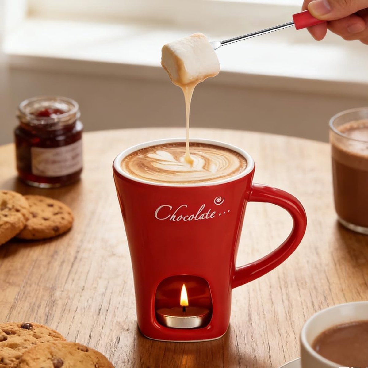 Chocolade Fondue Set Keramiek - Perfect Smelten & Warmhouden - Kaarsverwarming - Inclusief Vork - Compact 130ml - Voor Dessert Fruit Kaas - Mini Fonduepot Chocoladebeker — cadeau in Kookcadeaus - foto 2