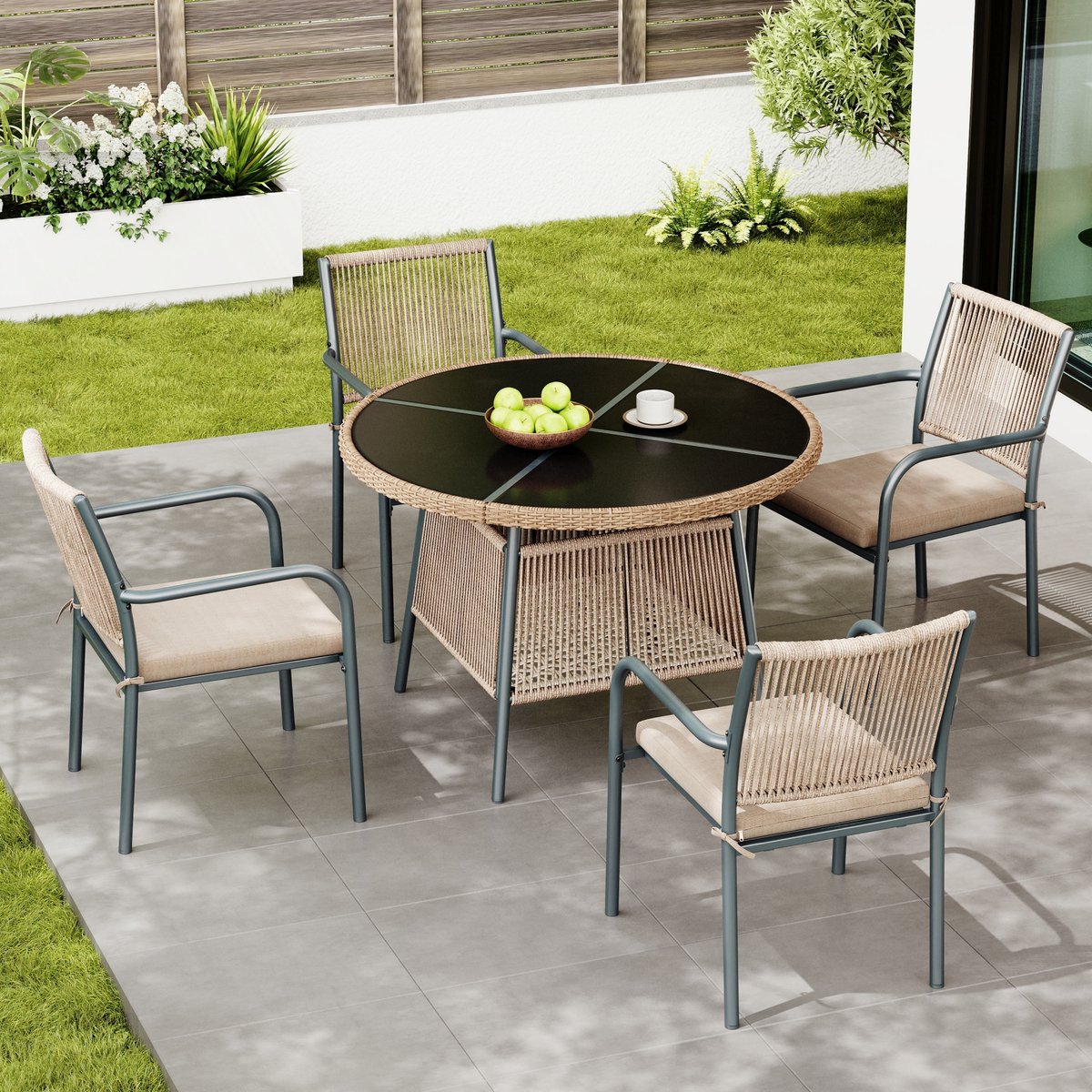 Gutent Loungesets - Tuinset - 5 Delig - 1 Ronde Glazen Tafel - 4 Armstoelen - Metaal Gestel - Voor Tuin Terras - Grijs – foto 3