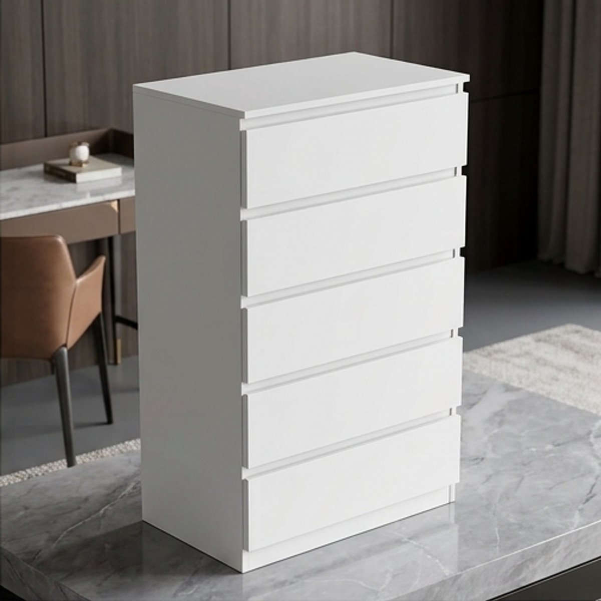 Moderne Smalle Commode 5 Laden – Wit Minimalistisch Design – 70 cm Breed x 124,5 cm Hoog – Handgreeploze Dressoir Kast / Opbergkast voor Slaapkamer, Woonkamer, Kinderkamer en Kantoor--Mobili Bella