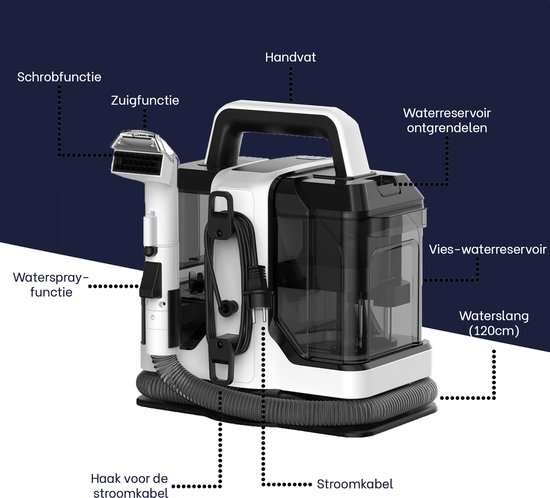 Een witte en zwarte vlekkenreiniger met labels die de onderdelen aangeven: Schrobfunctie, Zuigfunctie, Waterspray-functie, Haak voor de stroomkabel, Handvat, Stroomkabel, Waterreservoir ontgrendelen, Vies-waterreservoir, Waterslang (120cm).