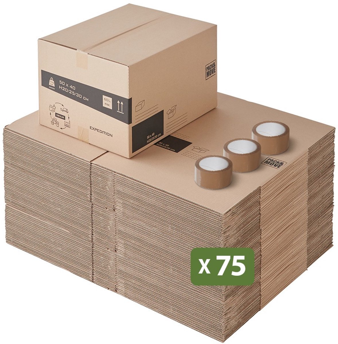 Pack and Move - Set 75 verhuisdozen moduleerbare hoogte aanpasbaar - 50 x 40 x 20-30 cm - Versterkte handgrepen - 3 tapes gratis