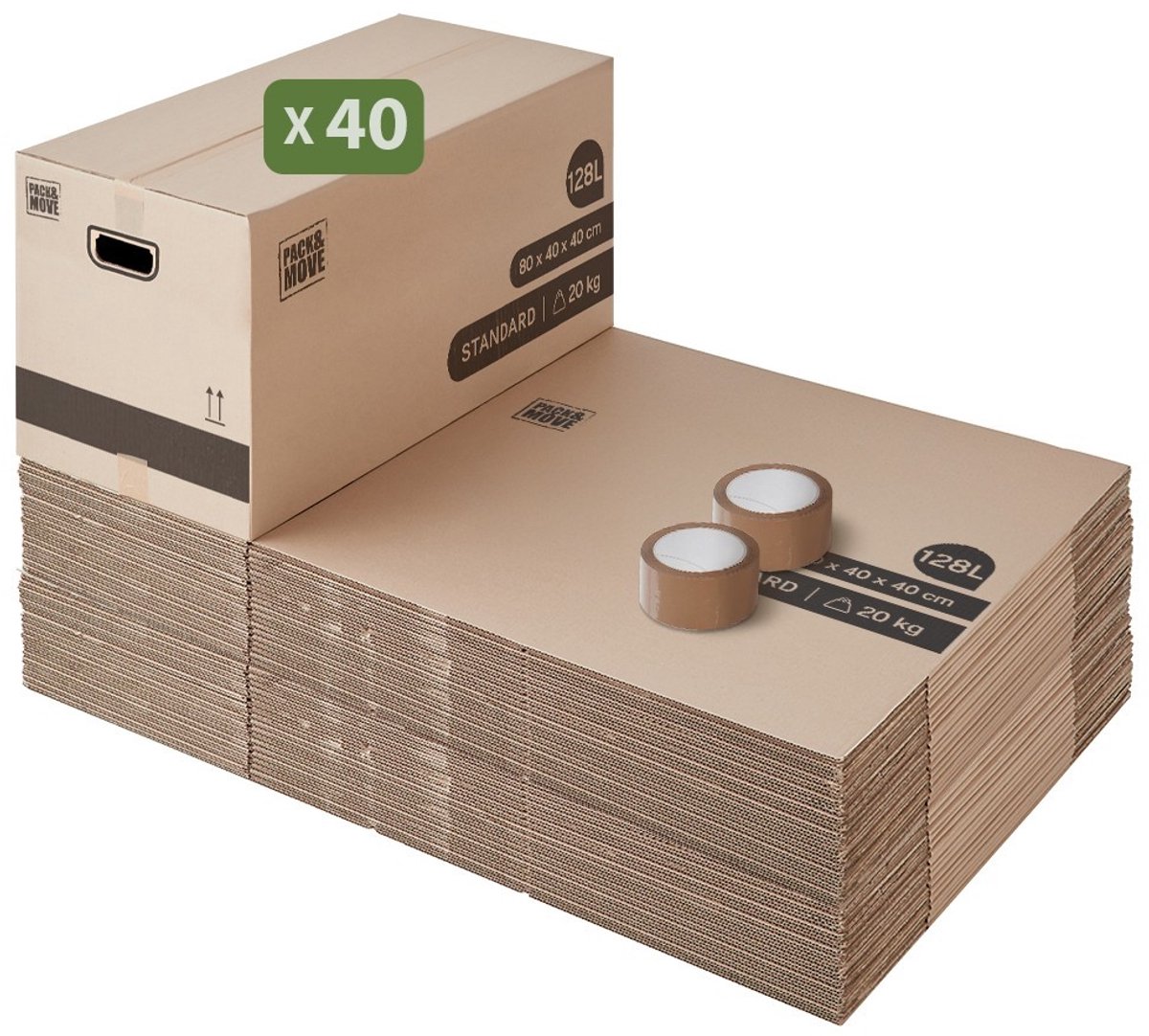 Pack and Move - Set 40 verhuisdozen XL - 80 x 40 x 40 cm - Versterkte handgrepen - 2 tapes gratis