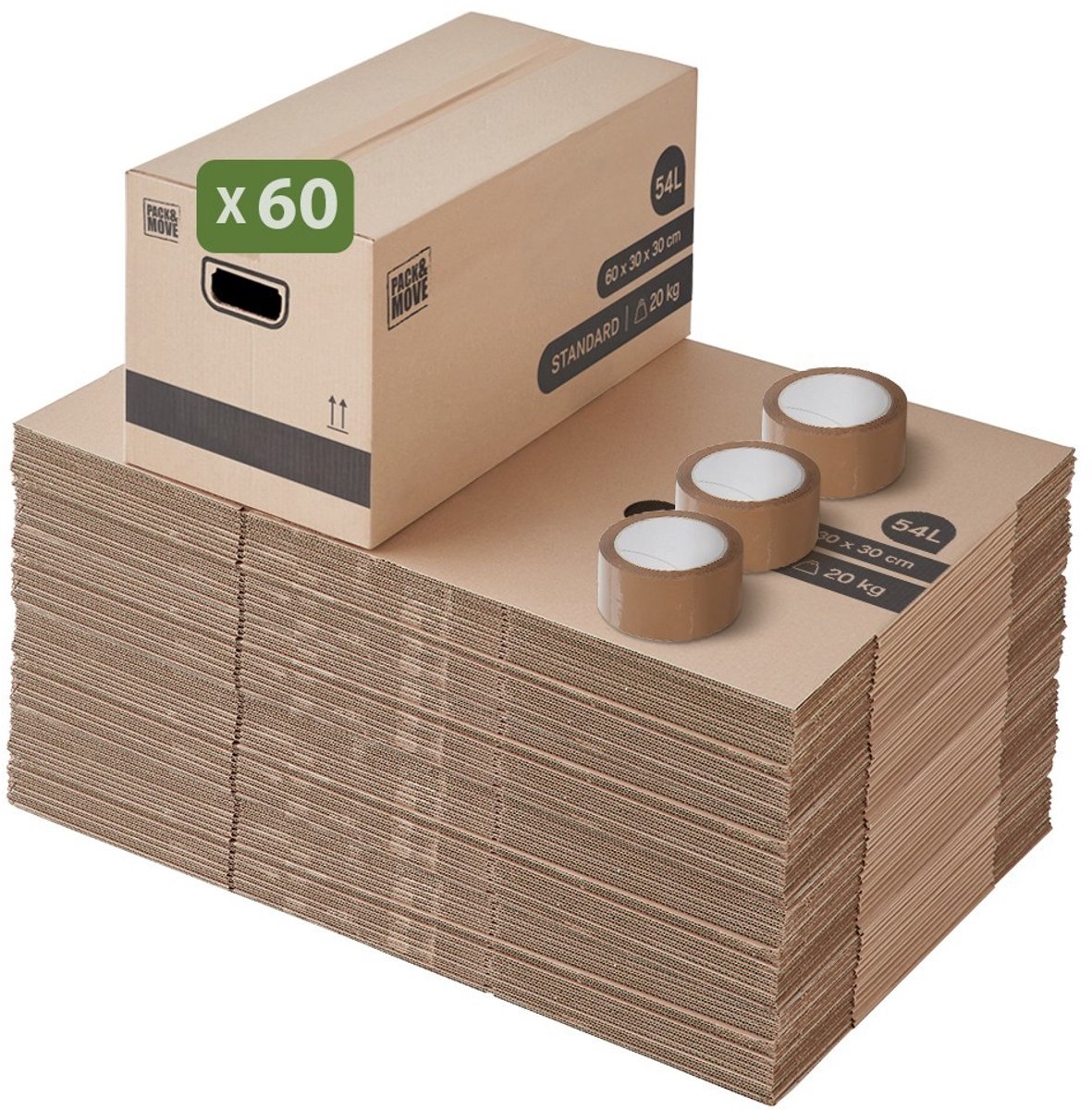 Pack and Move - Set 60 verhuisdozen opslag standaard - 60 x 30 x 30 cm - Versterkte handgrepen - 3 tapes gratis
