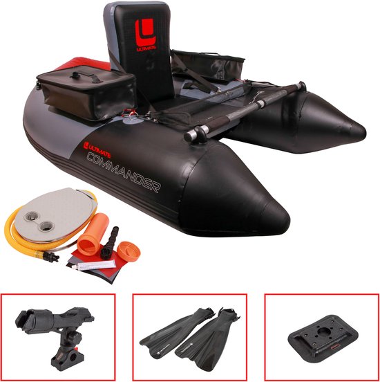 Zwarte en grijze Commander bellyboat met accessoires: pomp, vinnen, houder, en lijmpad.