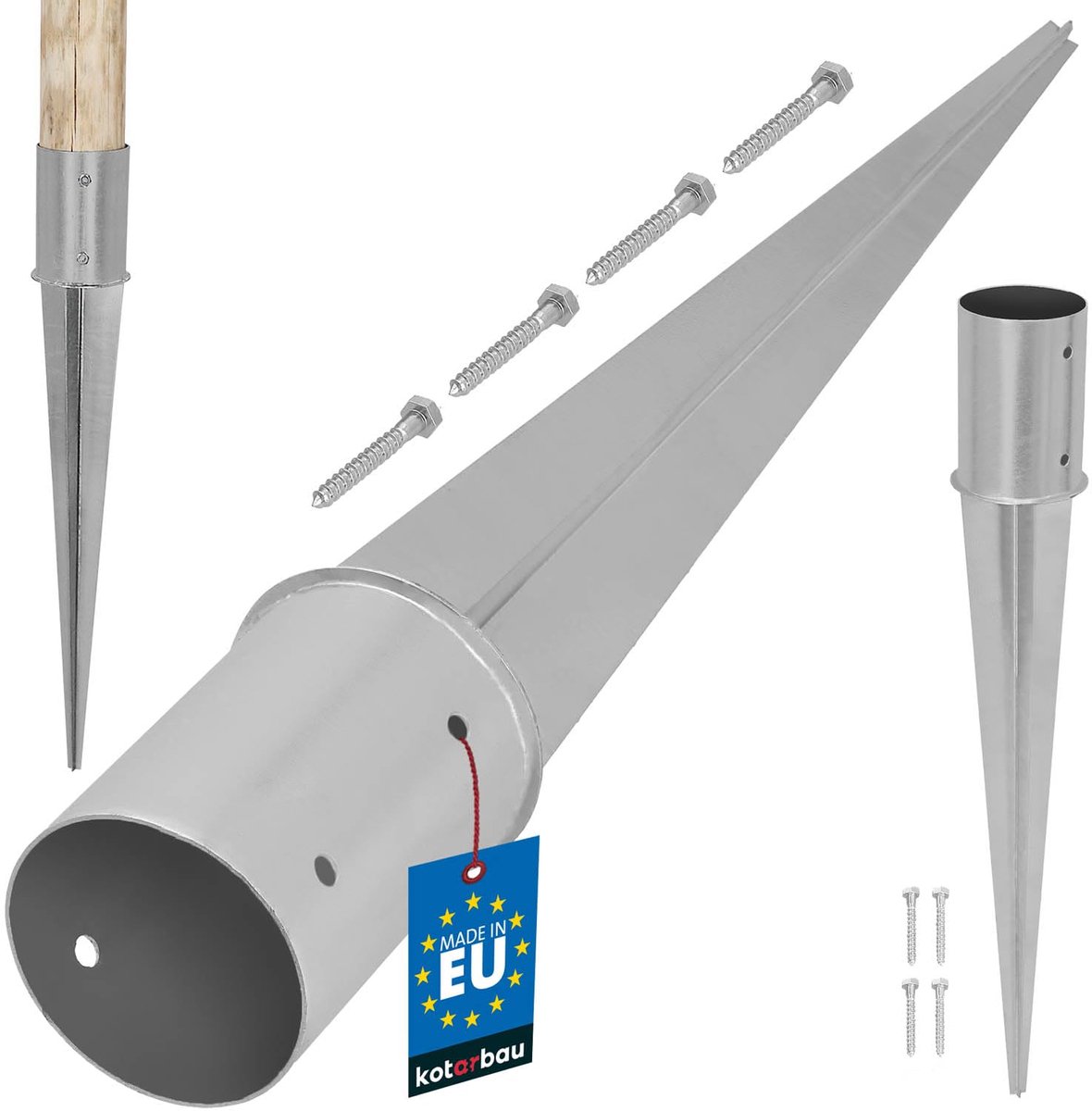 KOTARBAU® Paalhouder, Paalvoet, Verzinkt Staal, ⌀ 100 mm, Zilver, Paalhouder met Punt, Puntpaalhouder, voor Schutting Rondhout