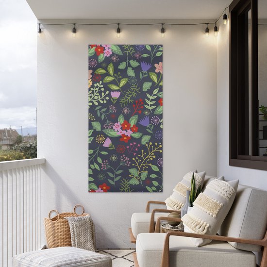 Tuinposter 80x160 cm - Tuindecoratie Een bloemdessin illustratie met veel kleur - Poster voor in de tuin - Buiten decoratie - Schutting tuinschilderij - Tuindoek muurdecoratie - Wanddecoratie balkondoek