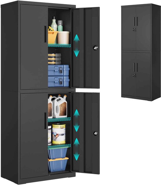 Matzwarte opbergkast met 4 deuren, 2 sloten en 4 legplanken. Bovenste en onderste deuren staan open, gevuld met diverse voorwerpen. Een kleinere gesloten kast is zichtbaar rechtsboven.