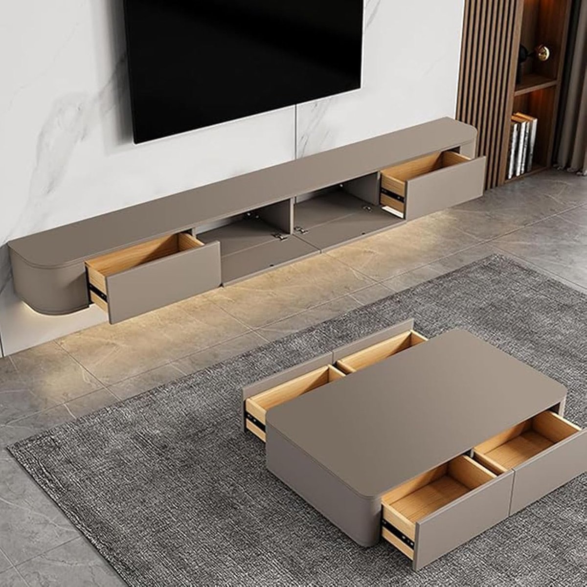 Zwevend TV Meubel met Lades en Router Opbergvak – Wand TV Kast Multifunctioneel – 140 x 20 x 24 cm – Khaki