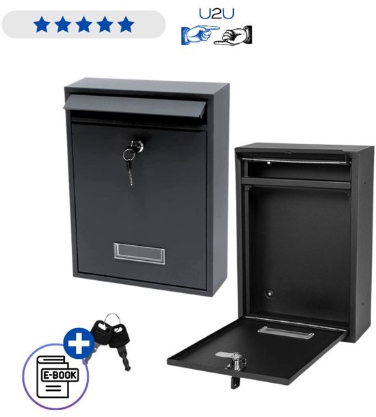Brievenbus Zwart Wandmontage van Gegalvaniseerd Staal met Slot en Sleutels Weerbestendige Postbus met Kijkvenster Compacte Mailbox voor Buiten en Binnen Inclusief Montagemateriaal Duurzaam Design Met Ebook