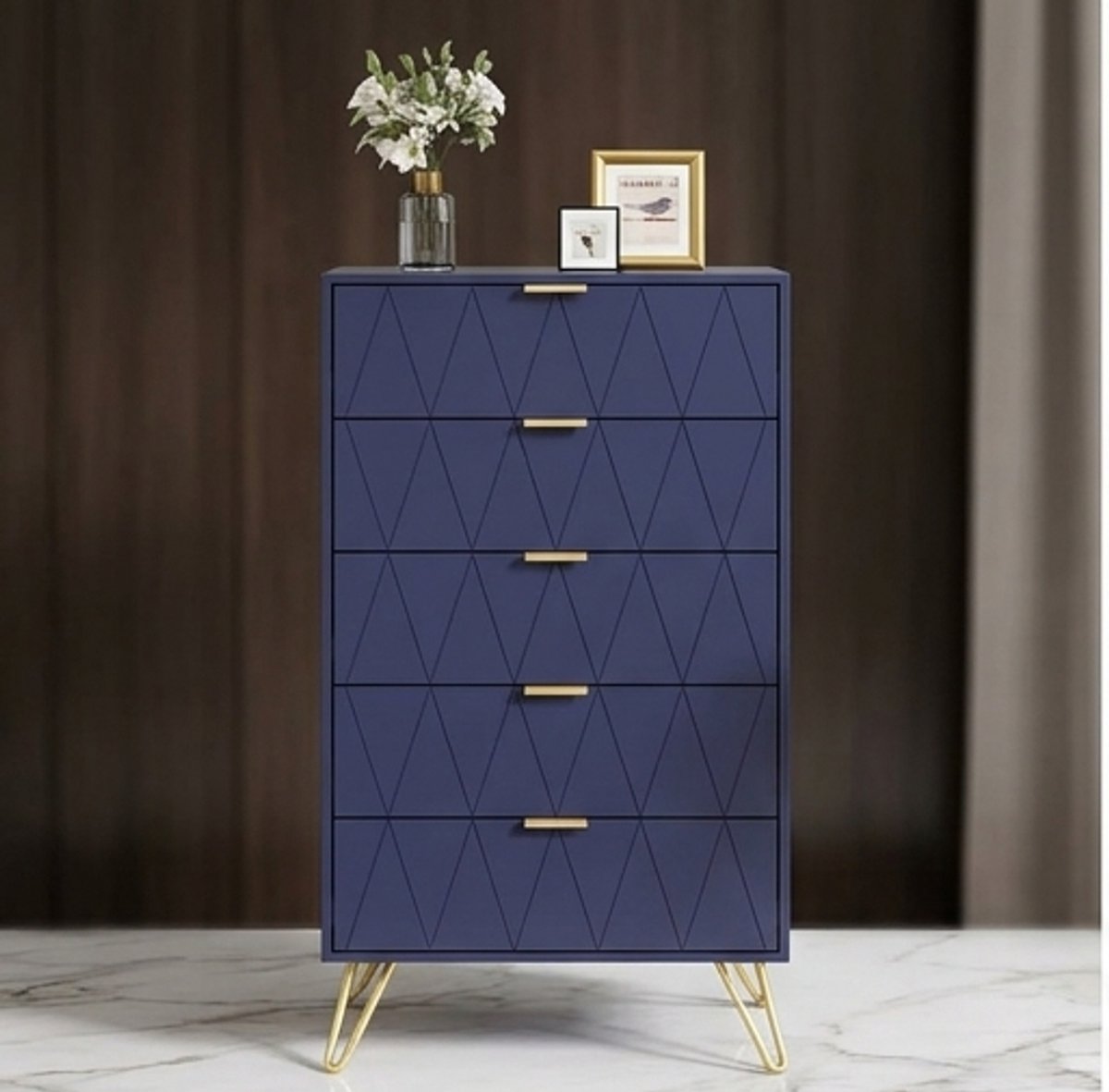 Smalle Commode met 5 Laden Donkerblauw 110 cm Moderne Ladekast Opbergkast voor Woonkamer Slaapkamer en Hal – Mobili Bella