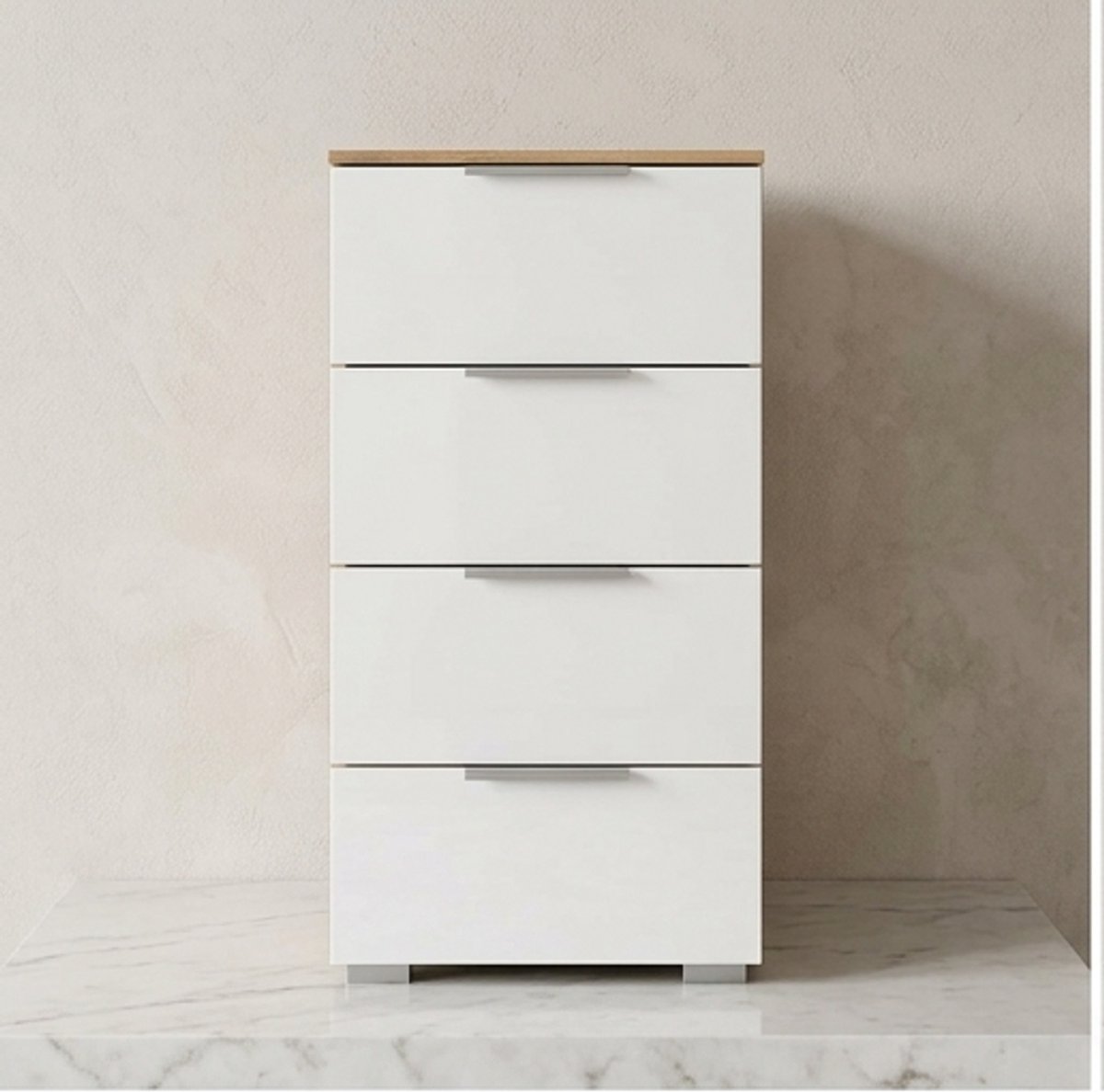 Moderne Hoogglans Commode met 4 Laden Soft-Close 40 cm – Witte Ladekast met Eiken Accent voor Slaapkamer, Hal en Woonkamer | Mobili Bella