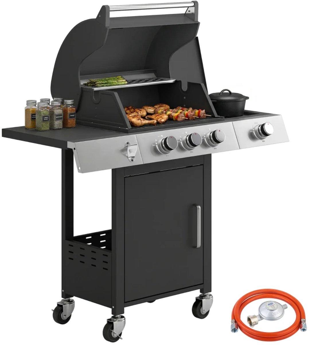 Gasbarbecue - Gasbarbecue en grill - 3+1 Branders - 10,5 kW - Grillwagen - Barbecuewagen - met Grillrooster, Wielen, Bijzettafels, Thermometer, Opvangbak en Warmhoudplaten - 109 x 50 x 109 cm - Zwart