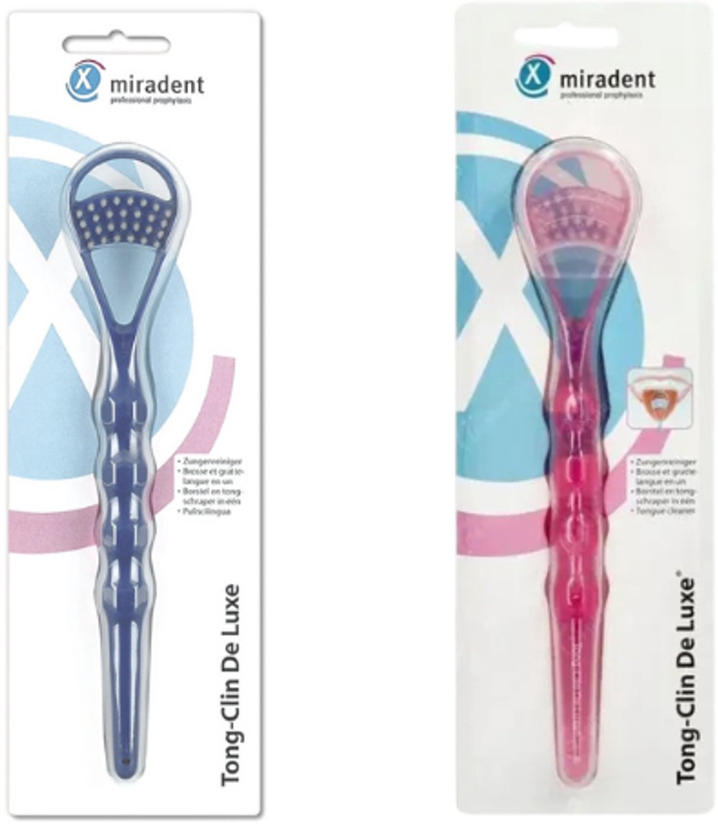 2x Miradent Tongschraper Tong-Clin Deluxe - Roze & Blauw