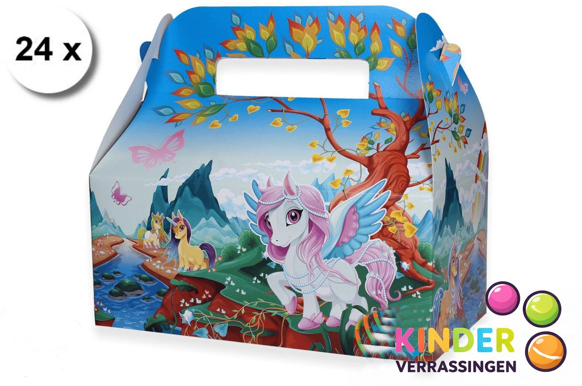 24 stuks menubox smulbox traktatiedoosje - Unicorn - EENHOORN- 22 (lengte) x 11.5 (breedte) x 10 cm hoogte tot vouwpunt - uitdeeldoosje - kinderfeestje