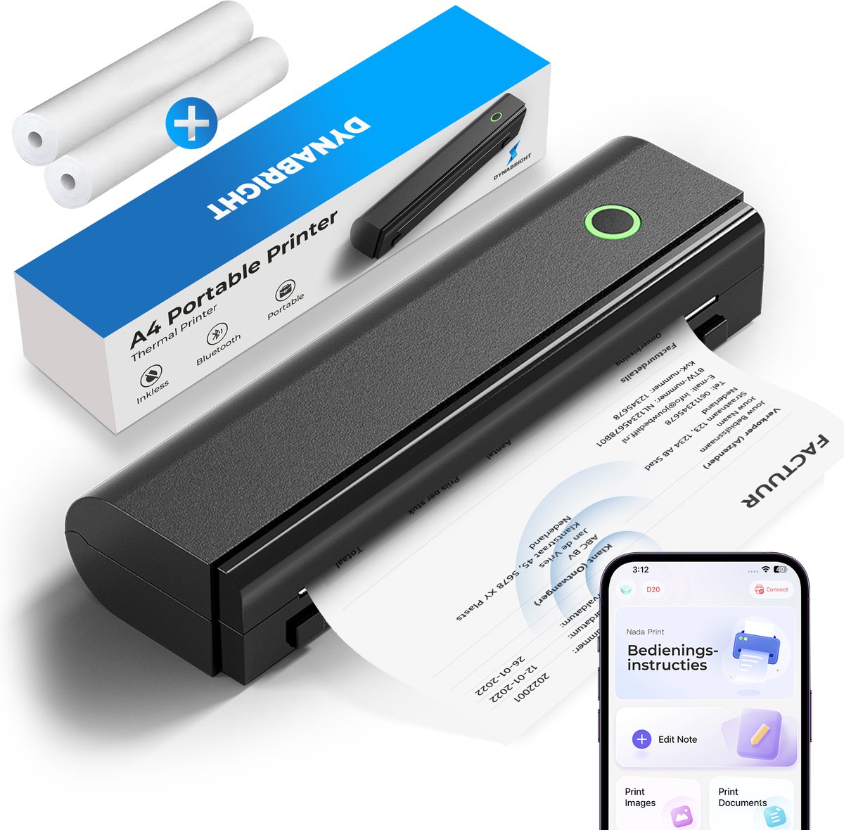 Dynabright Draadloze Thermische Printer - USB/USB-C - Pocket Printer voor Smartphone - Incl 2 rollen Papier - Draagbare Mini Printer voor Mobiel, Tablet en Laptop – A4 / US Letter - Thuis / School / Onderweg - Bluetooth — afbeelding 1