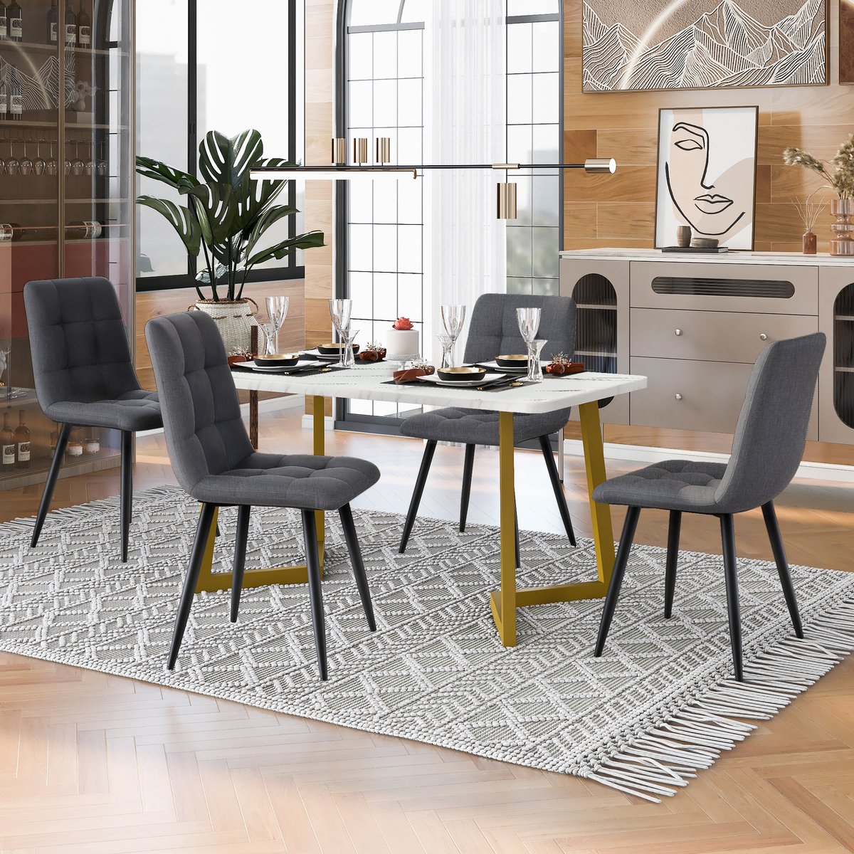 FloraGrace Eettafel Met 4 Stoelen - Rechthoekige Eethoek Voor Keuken En Eetkamer - MDF En Linnen - Grijs