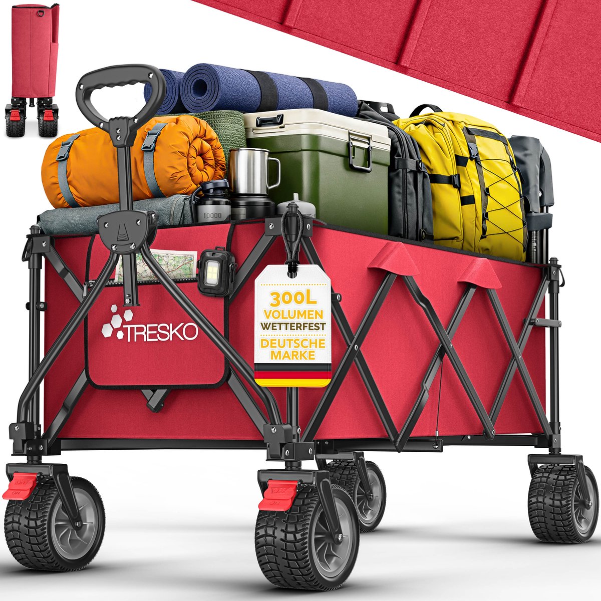 TRESKO® Bolderwagen opvouwbaar 300L met rem | Handwagen inklapbaar 150kg incl. massief rubberen banden | Opvouwbare strandwagen extra brede all-terrain wielen | Transportwagen met draagtas