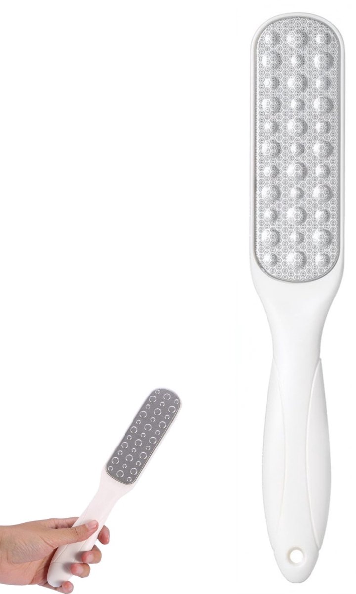 Dubbelzijdige pedicure-voetvijl - Professionele voetschraper van roestvrij staal en kunststof - geschikt voor harde, ruwe en gebarsten hielen - wit - 23×3.5cm