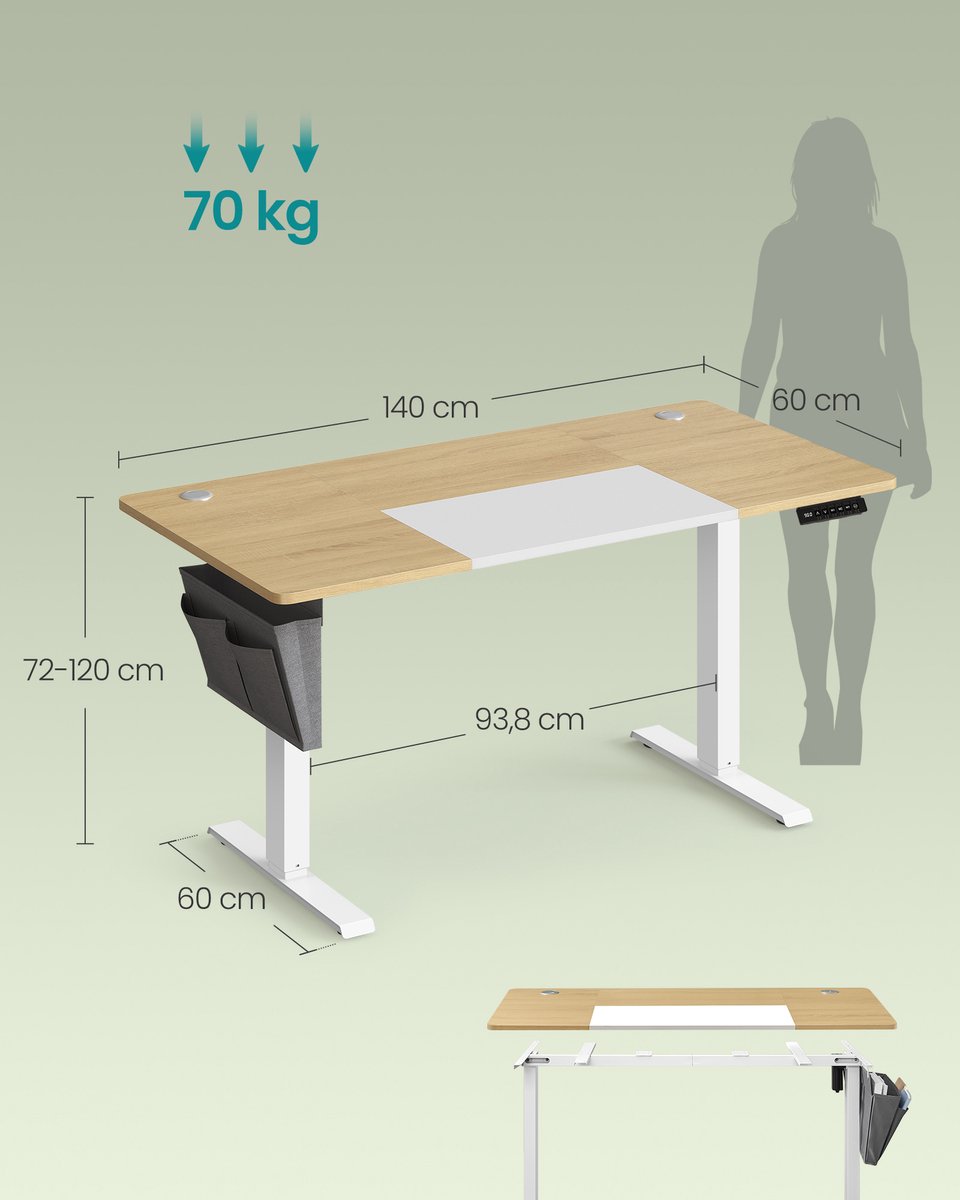 SONGMICS - Zit Sta Bureau - Elektrisch - Traploos In Hoogte Verstelbaar - Geheugenfunctie 4 Hoogtes thumbnail 2
