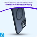 Donkerblauwe iPhone 13 hoes met magnetische ring, wordt van onderen getoond, met een paarse lijn erboven.
