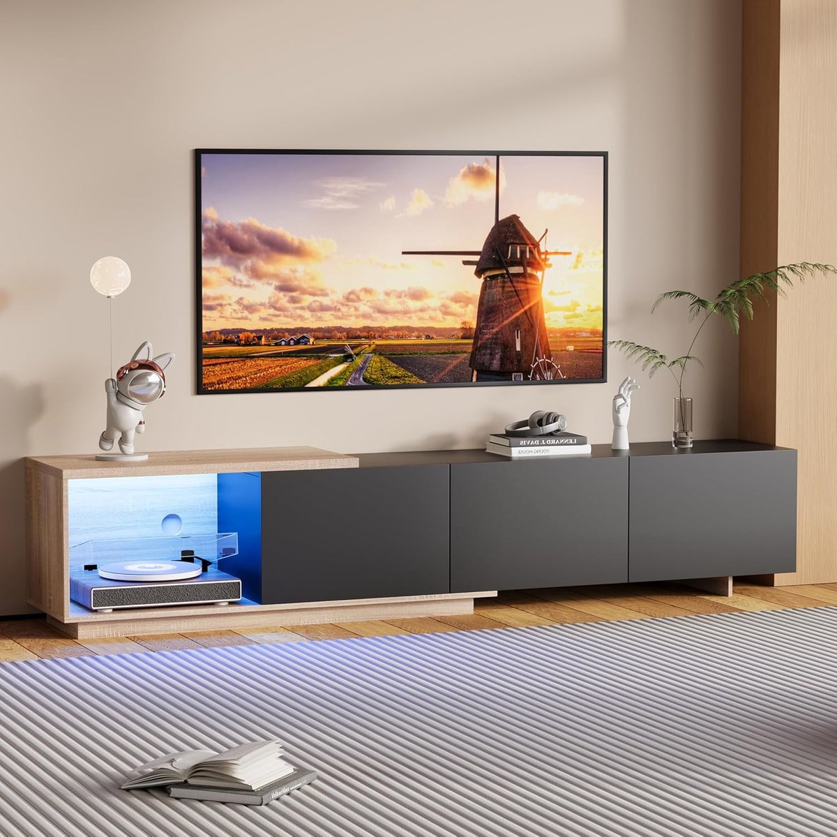 Lumina Luxe TV-Meubel met LED-Verlichting & 3 Soft-Close Laden – Modern Houtlook Wandmeubel (Zwart, 200cm)