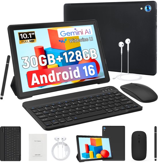 Hotlight 10.1 Kindertablet - Android 16 tablet - 6+24GB RAM- 128GB ROM - Gemini AI- Met Toetsenbord, Muis, Oordopjes & Bescherming – Zwart
